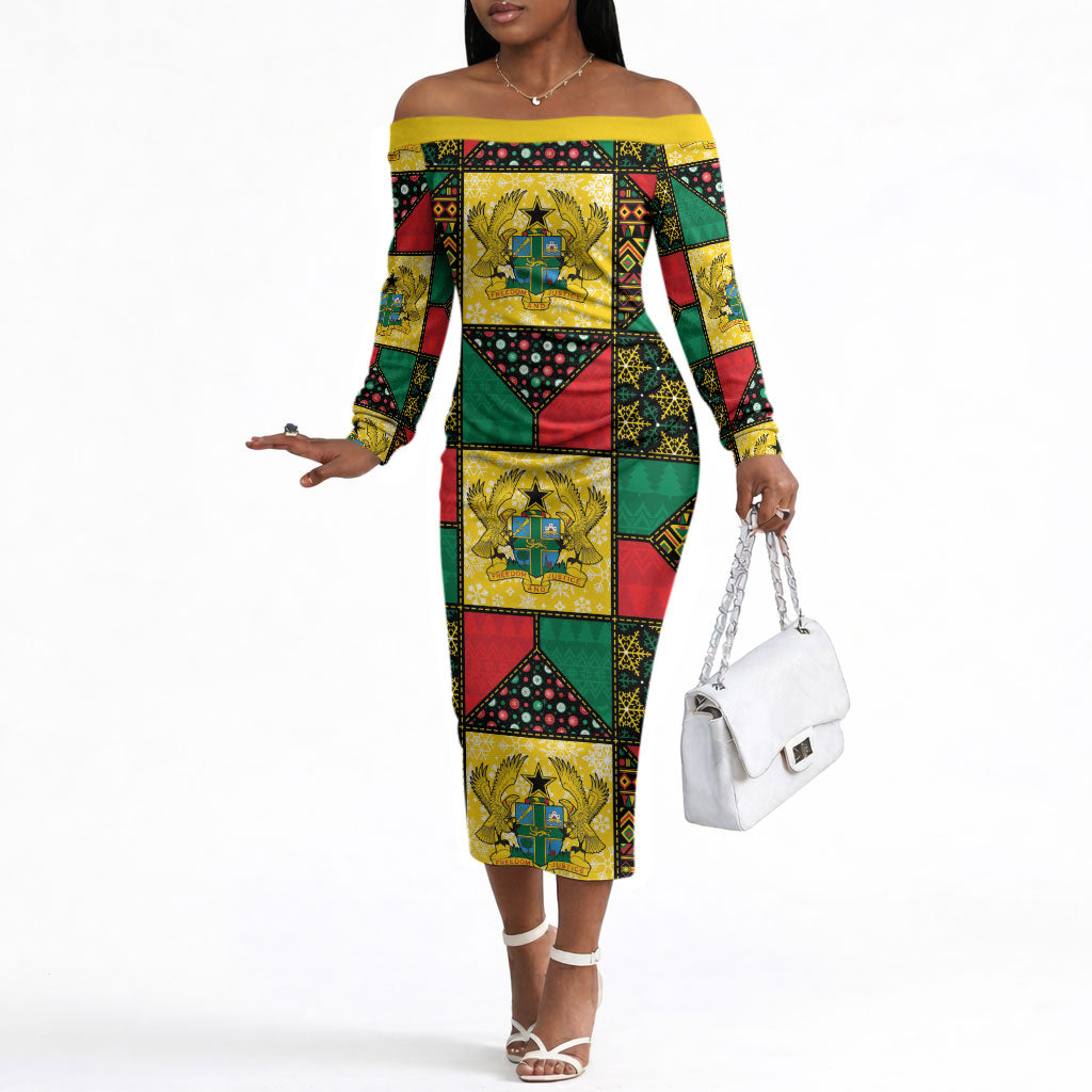 Ghana Christmas Off The Shoulder Long Sleeve Dress Patchwork Style