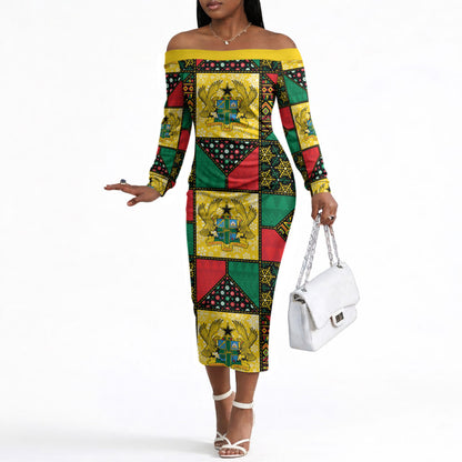 Ghana Christmas Off The Shoulder Long Sleeve Dress Patchwork Style