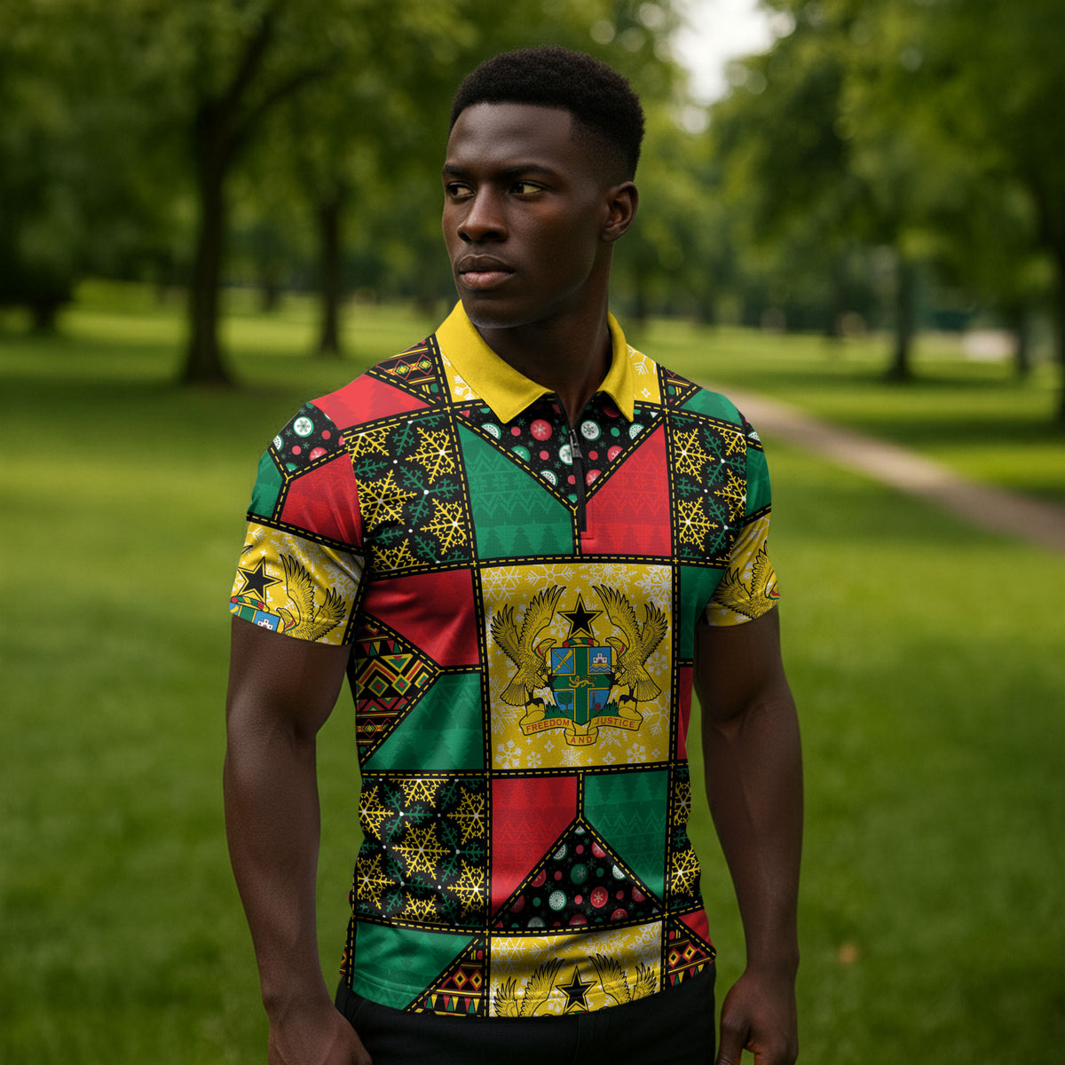 Ghana Christmas Zipper Polo Shirt Patchwork Style