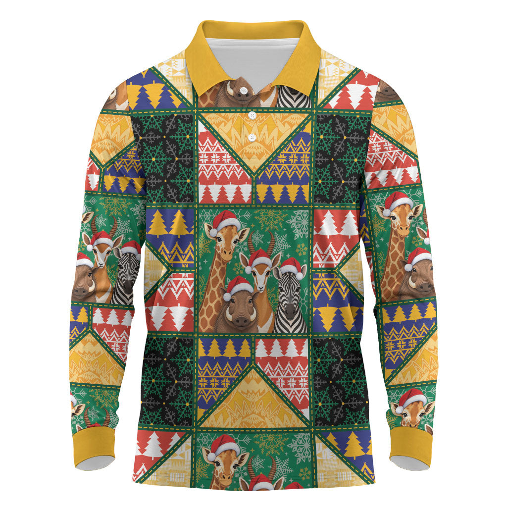 South Africa Christmas Long Sleeve Polo Shirt Patchwork Style