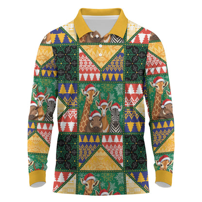 South Africa Christmas Long Sleeve Polo Shirt Patchwork Style