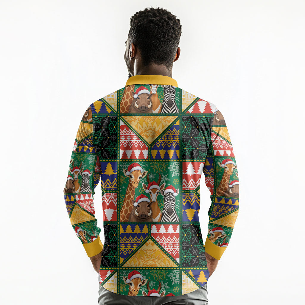 South Africa Christmas Long Sleeve Polo Shirt Patchwork Style