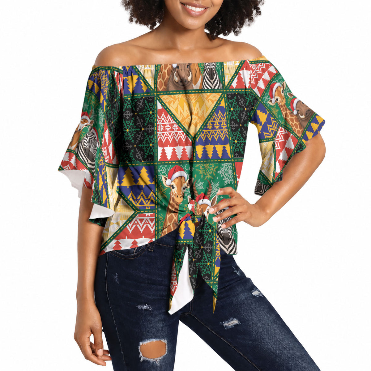 South Africa Christmas Off Shoulder Wrap Waist Top Patchwork Style