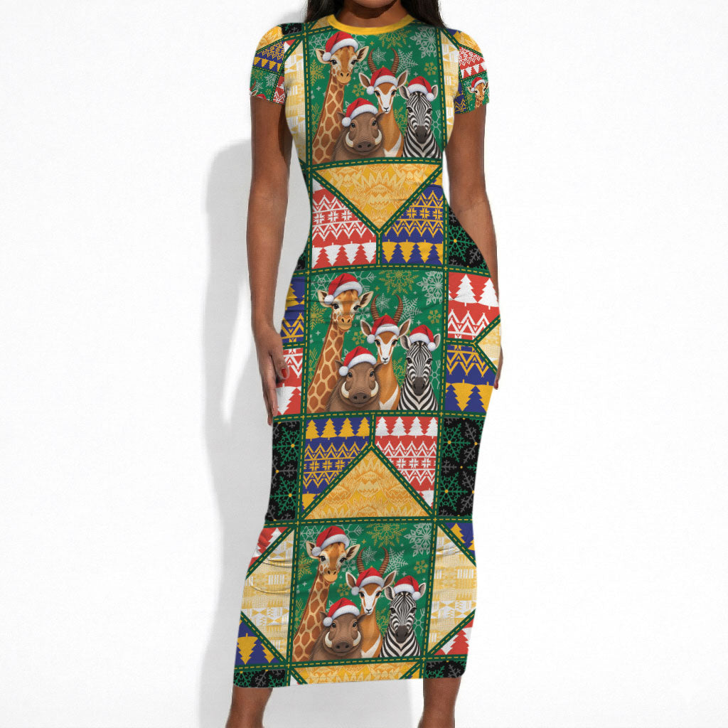 South Africa Christmas Short Sleeve Bodycon Dress Patchwork Style
