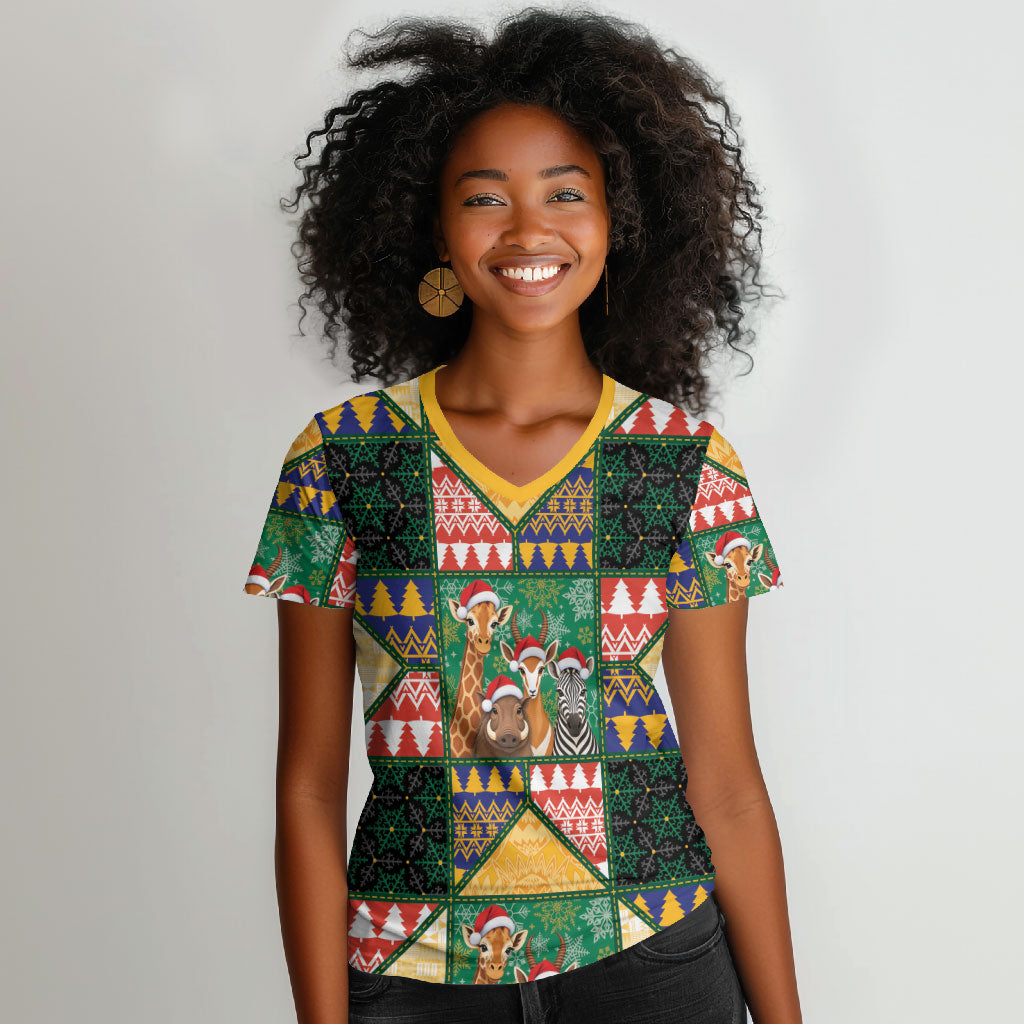 South Africa Christmas Women V-Neck T-Shirt Patchwork Style