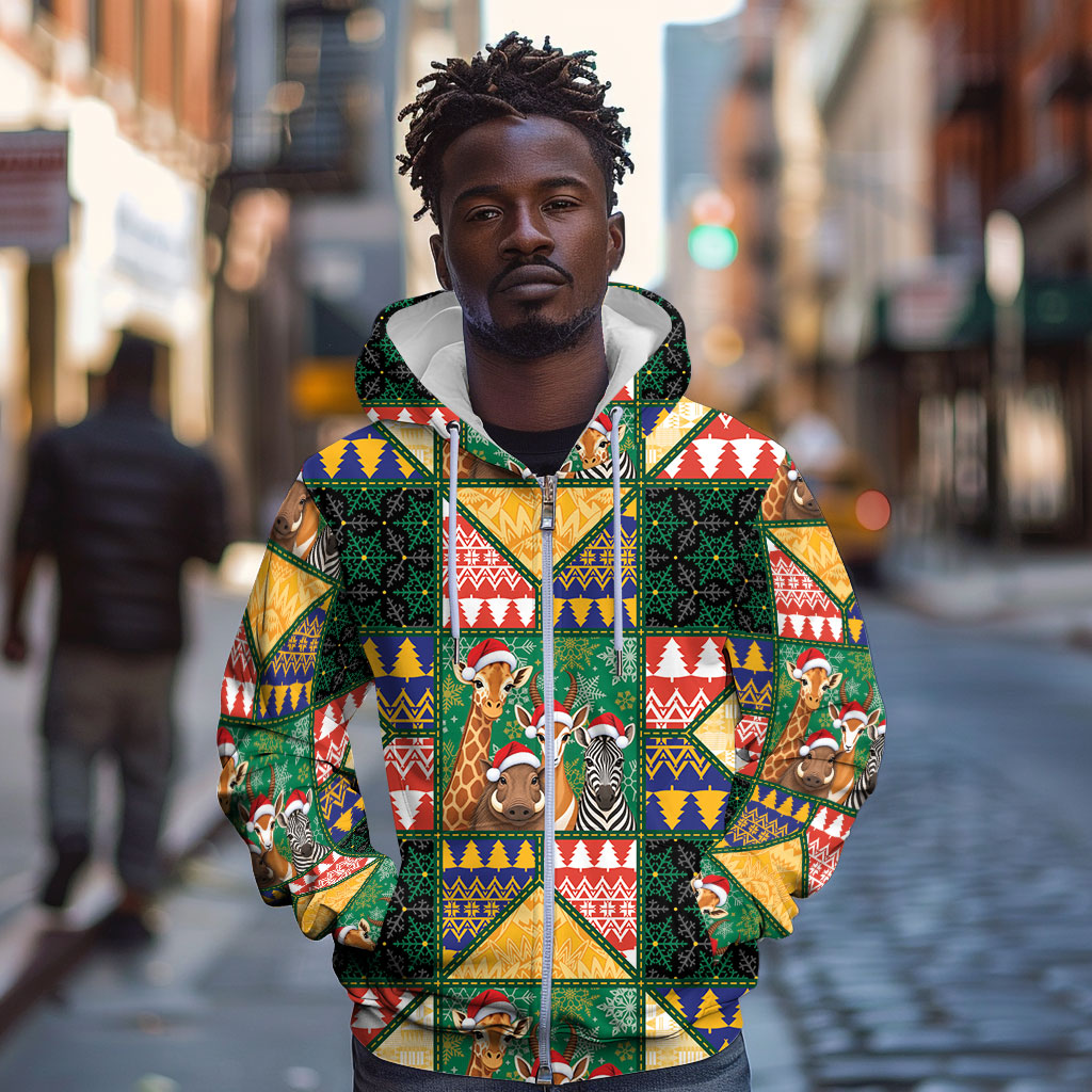 South Africa Christmas Zip Hoodie Patchwork Style