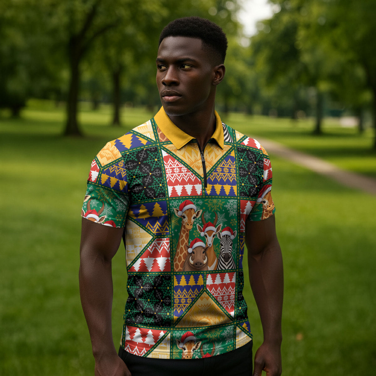 South Africa Christmas Zipper Polo Shirt Patchwork Style