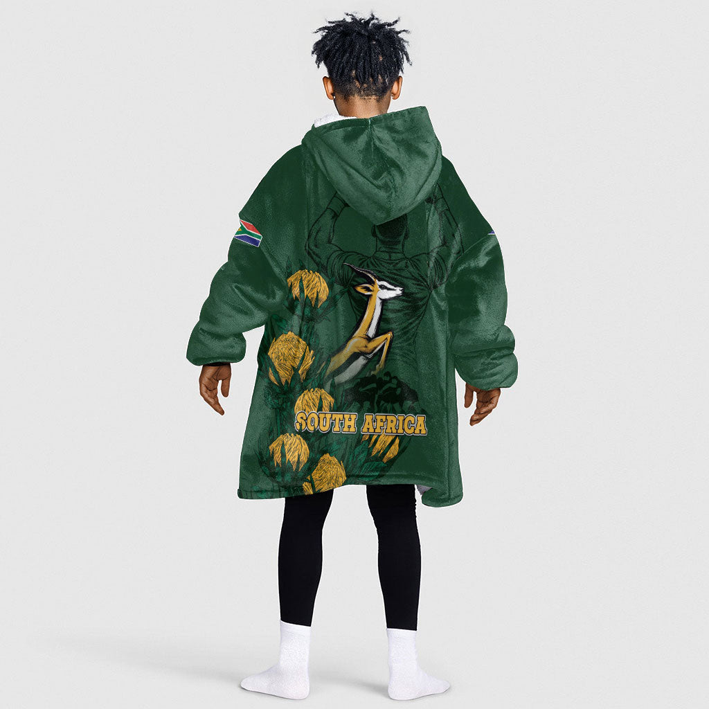 South Africa Rugby Pride Kid Wearable Blanket Hoodie Springbok With King Protea