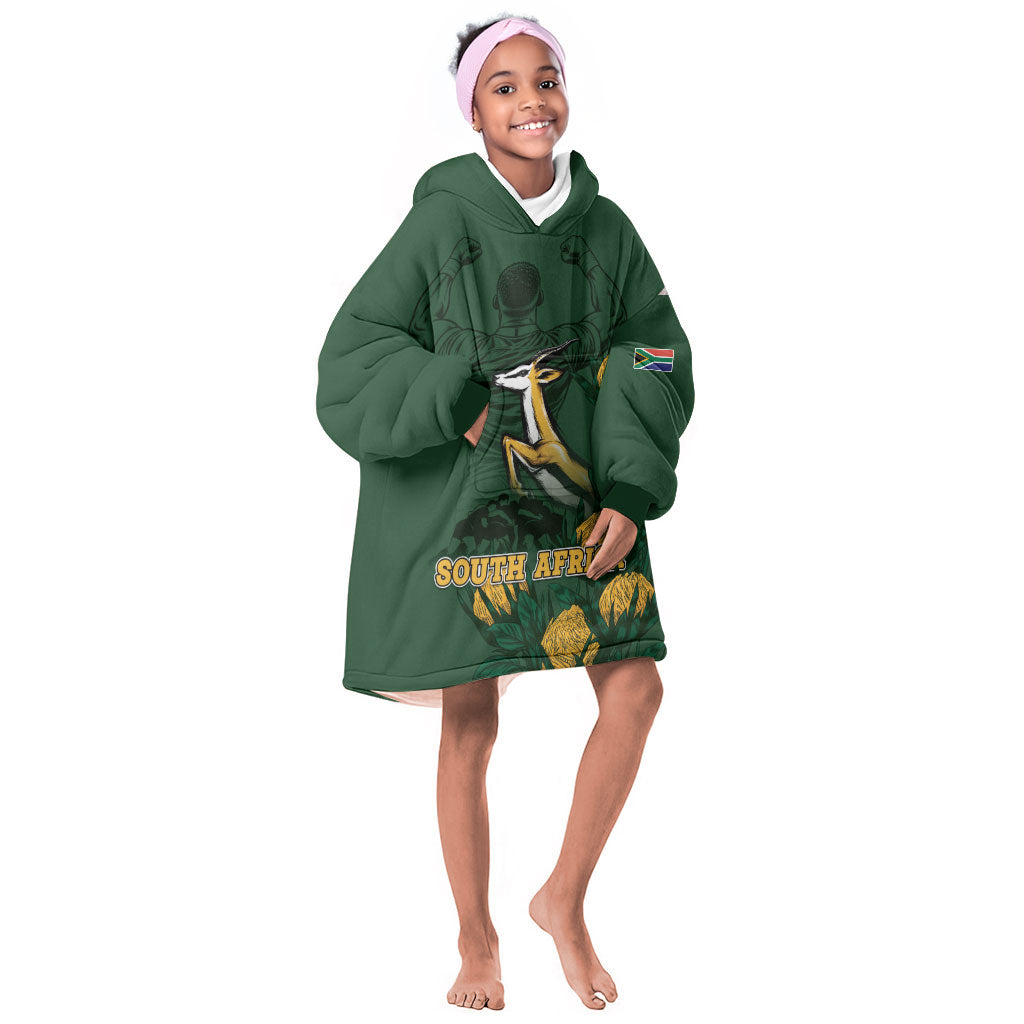 South Africa Rugby Pride Kid Wearable Blanket Hoodie Springbok With King Protea