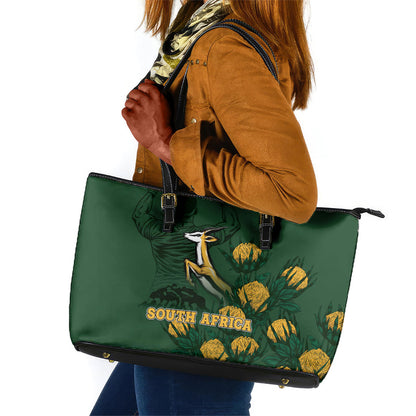 South Africa Rugby Pride Leather Tote Bag Springbok With King Protea