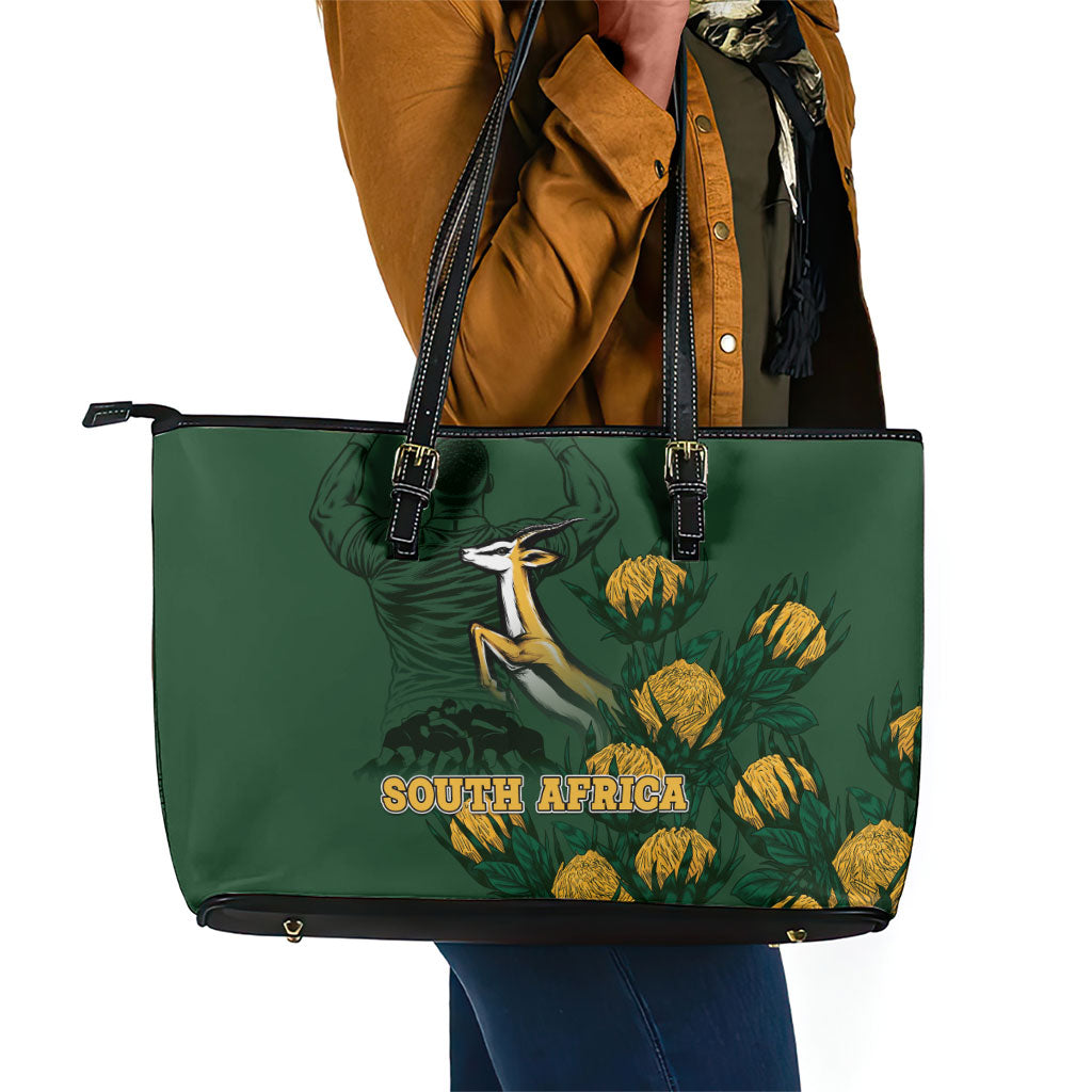 South Africa Rugby Pride Leather Tote Bag Springbok With King Protea