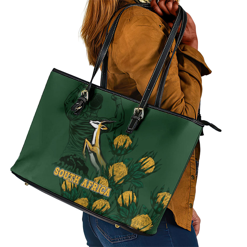 South Africa Rugby Pride Leather Tote Bag Springbok With King Protea