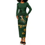South Africa Rugby Pride Long Sleeve Bodycon Dress Springbok With King Protea