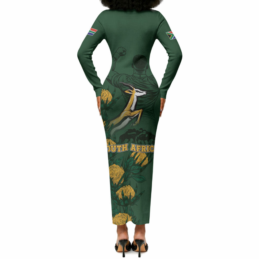 South Africa Rugby Pride Long Sleeve Bodycon Dress Springbok With King Protea
