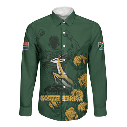 South Africa Rugby Pride Long Sleeve Button Shirt Springbok With King Protea