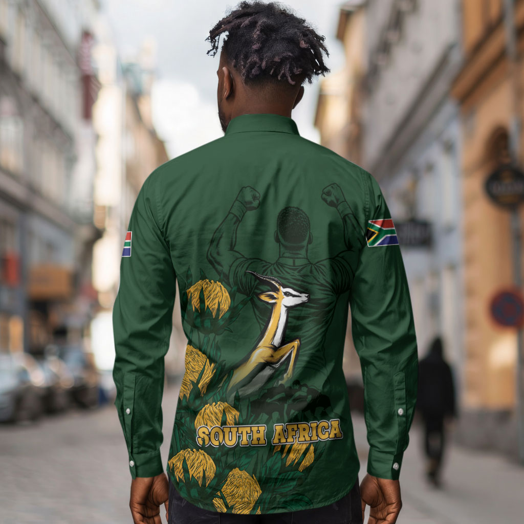 South Africa Rugby Pride Long Sleeve Button Shirt Springbok With King Protea