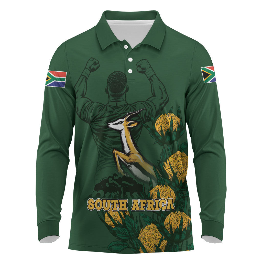 South Africa Rugby Pride Long Sleeve Polo Shirt Springbok With King Protea