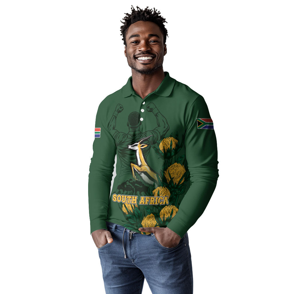 South Africa Rugby Pride Long Sleeve Polo Shirt Springbok With King Protea