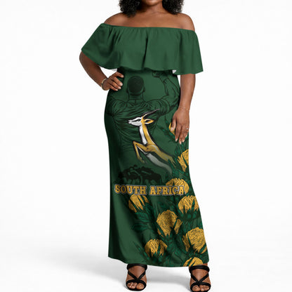 South Africa Rugby Pride Off Shoulder Maxi Dress Springbok With King Protea