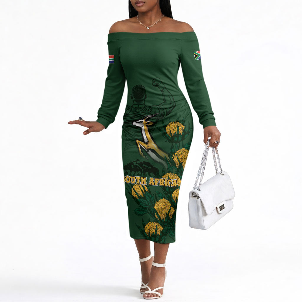 South Africa Rugby Pride Off The Shoulder Long Sleeve Dress Springbok With King Protea