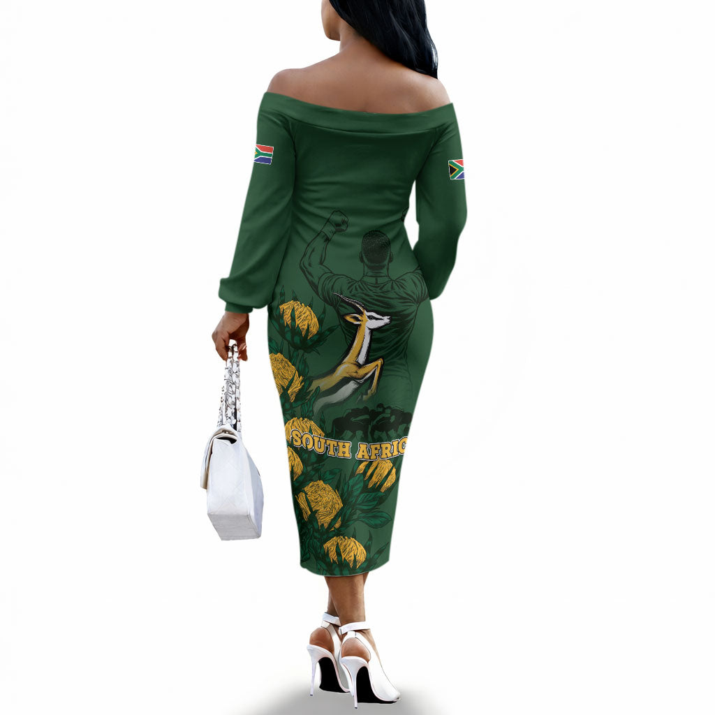 South Africa Rugby Pride Off The Shoulder Long Sleeve Dress Springbok With King Protea