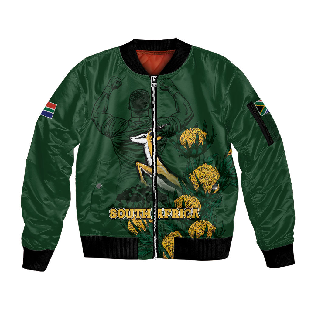 South Africa Rugby Pride Sleeve Zip Bomber Jacket Springbok With King Protea