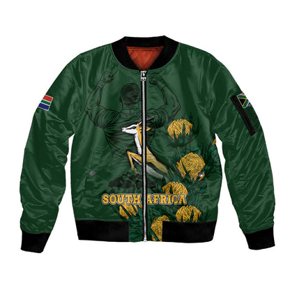 South Africa Rugby Pride Sleeve Zip Bomber Jacket Springbok With King Protea