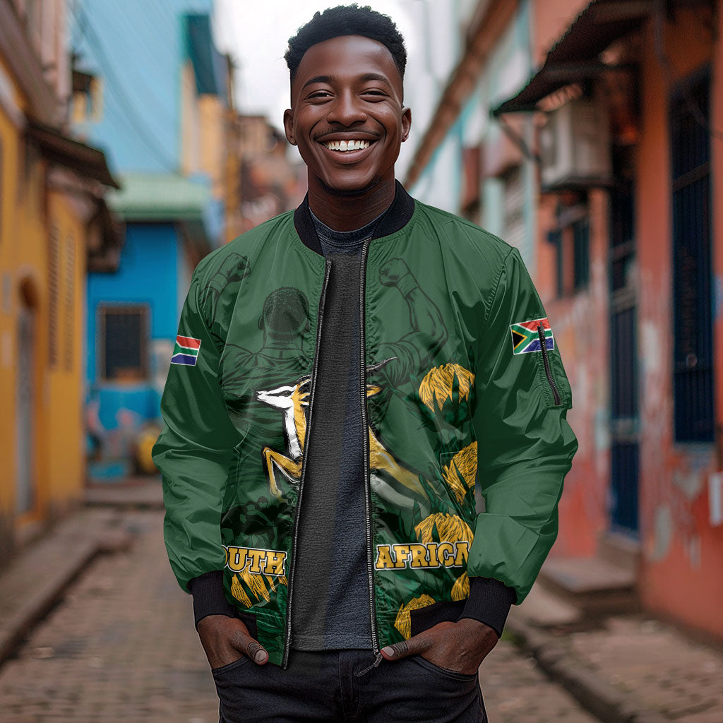 South Africa Rugby Pride Sleeve Zip Bomber Jacket Springbok With King Protea