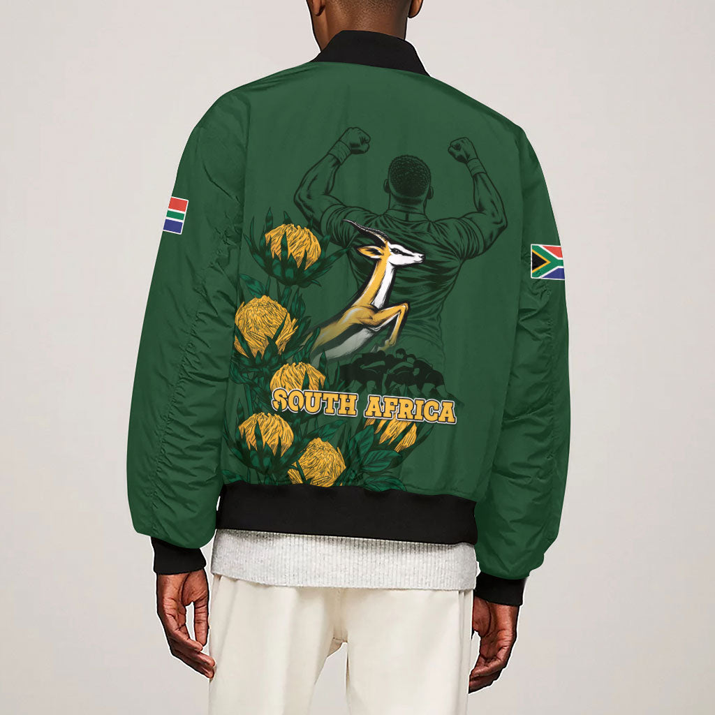South Africa Rugby Pride Sleeve Zip Bomber Jacket Springbok With King Protea