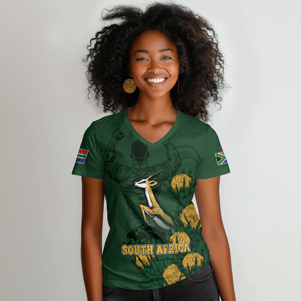South Africa Rugby Pride Women V-Neck T-Shirt Springbok With King Protea