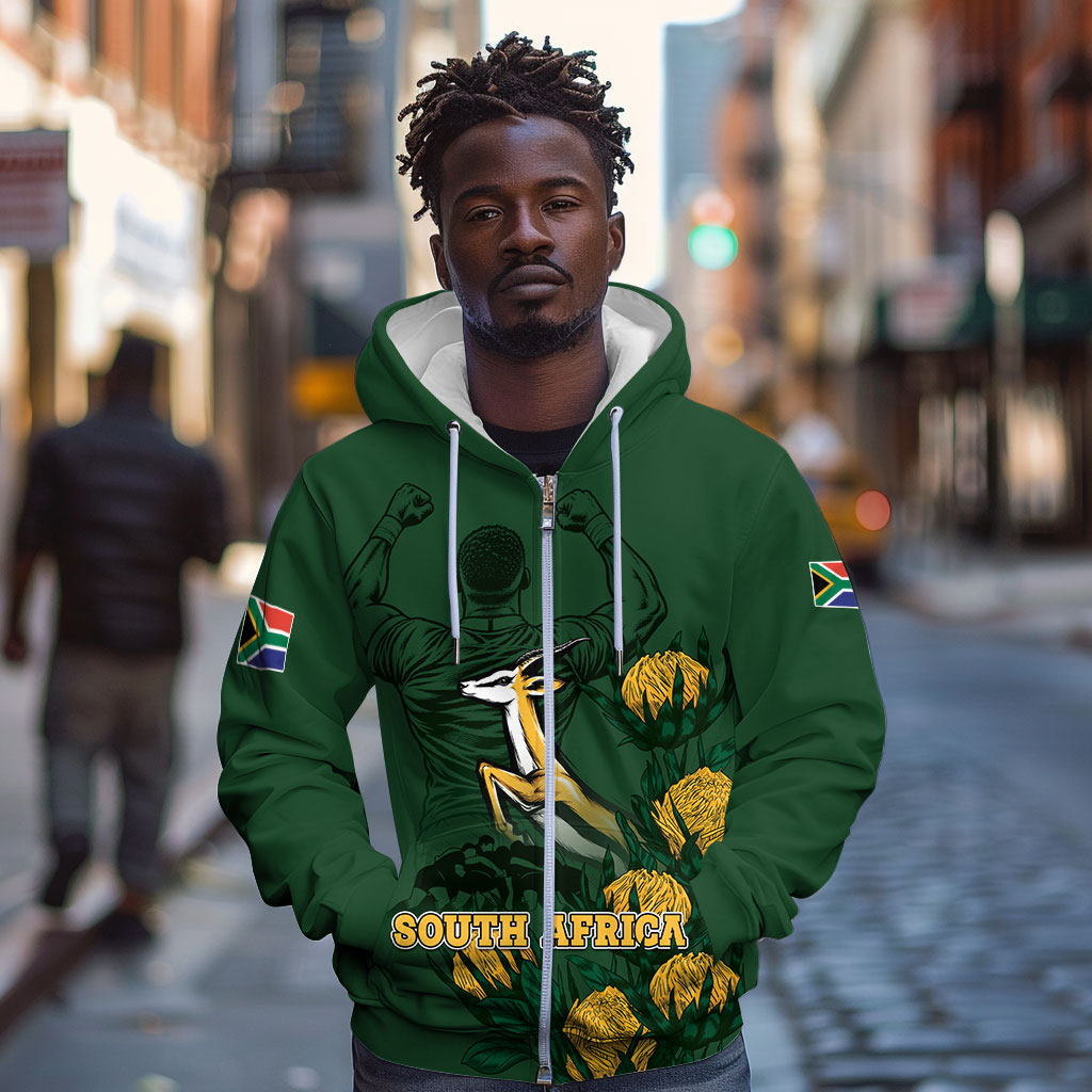 South Africa Rugby Pride Zip Hoodie Springbok With King Protea