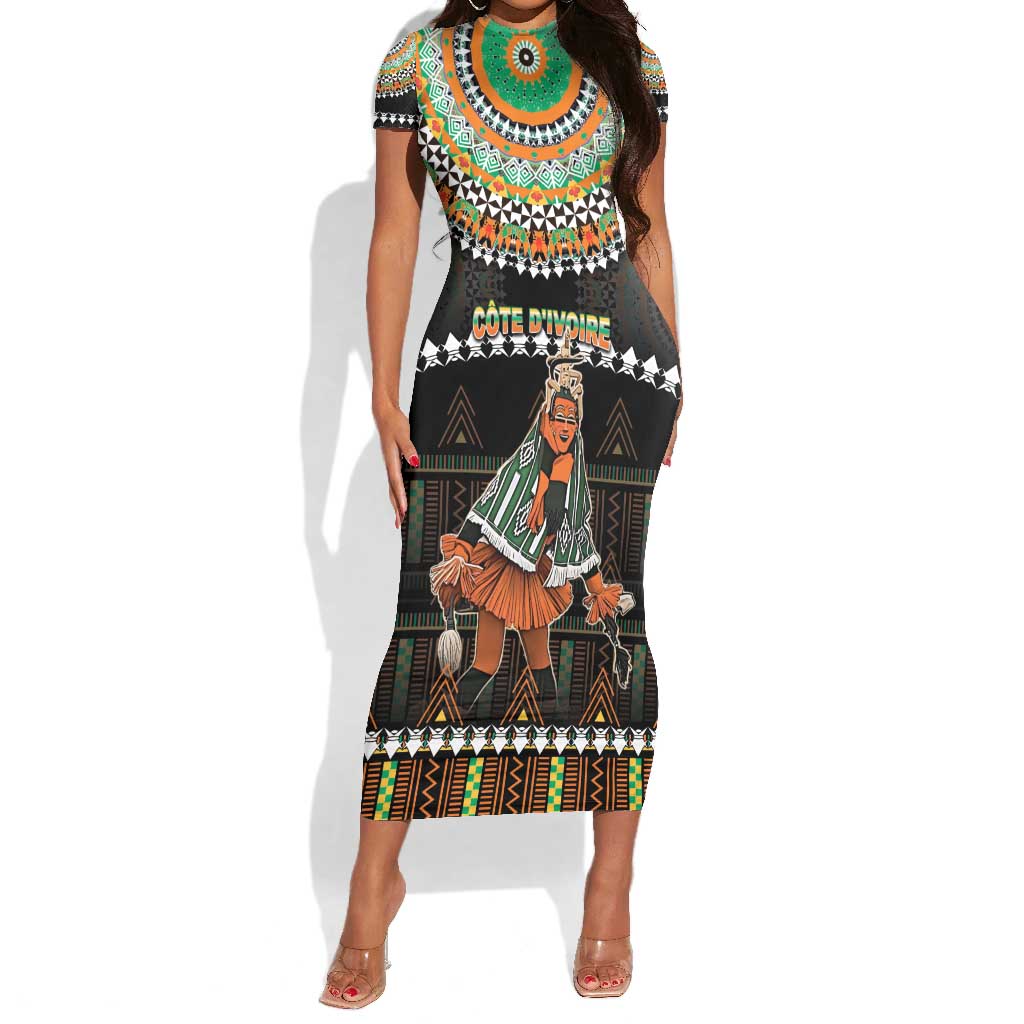 Ivory Coast Festival Of Masks Short Sleeve Bodycon Dress Traditional Zaouli Dance