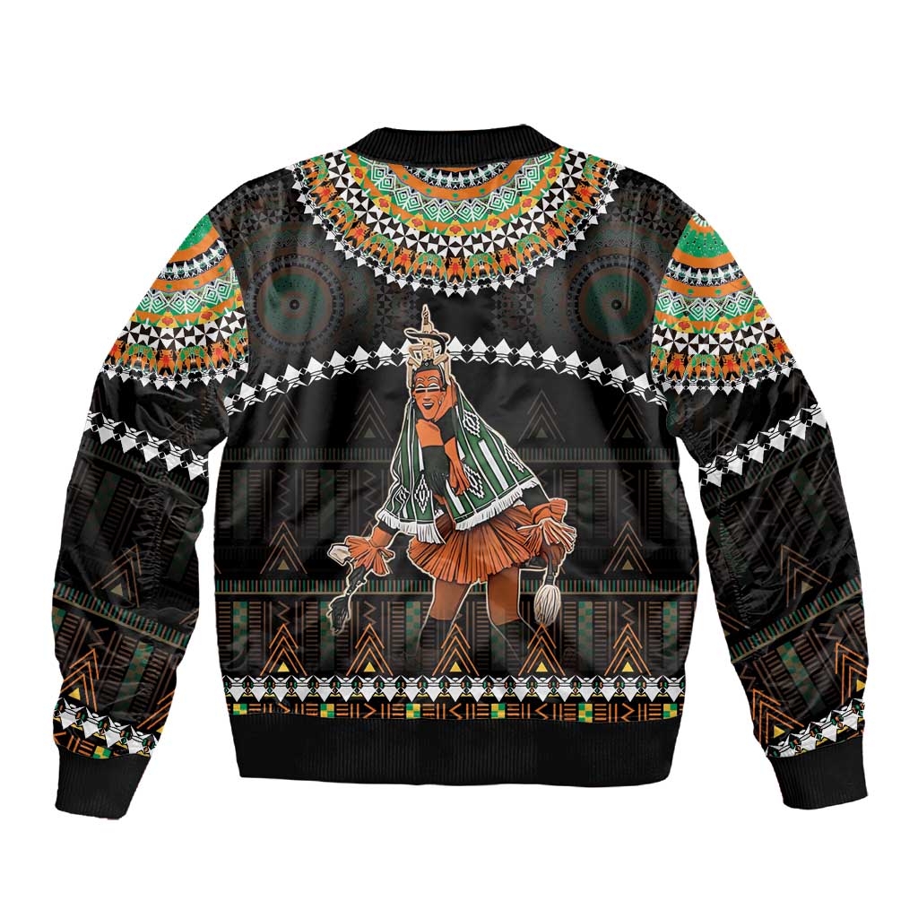 Ivory Coast Festival Of Masks Sleeve Zip Bomber Jacket Traditional Zaouli Dance