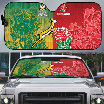 South Africa And England Rugby Auto Sun Shade Springboks And Red Rose Together - African Pride