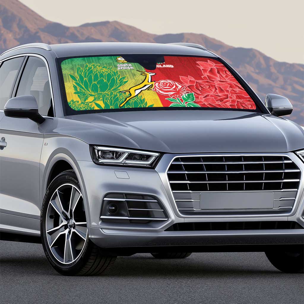 South Africa And England Rugby Auto Sun Shade Springboks And Red Rose Together - African Pride