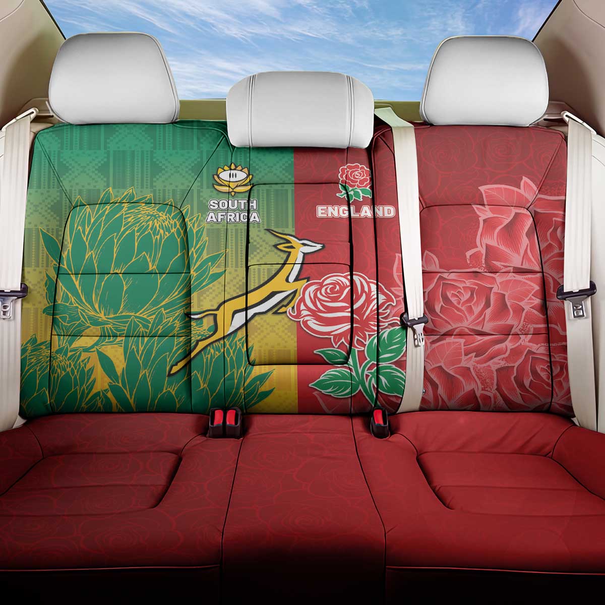 South Africa And England Rugby Back Car Seat Cover Springboks And Red Rose Together - African Pride