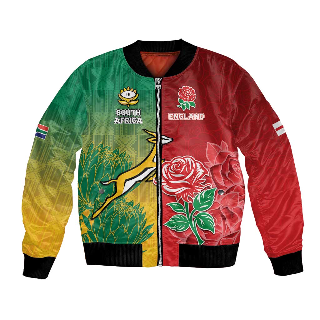 South Africa And England Rugby Custom Bomber Jacket Springboks And Red Rose Together - African Pride