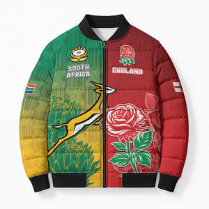 South Africa And England Rugby Custom Bomber Puffer Jacket Springboks And Red Rose Together - African Pride