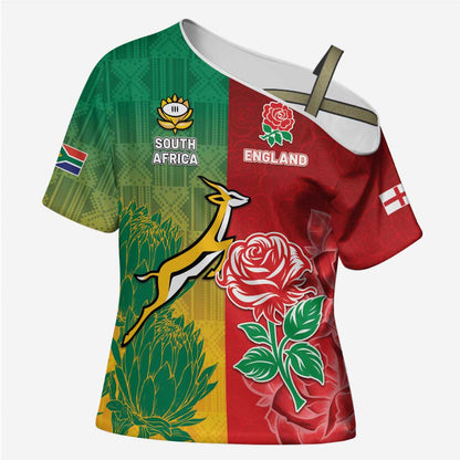 South Africa And England Rugby Custom Cross Shoulder Shirt Springboks And Red Rose Together - African Pride
