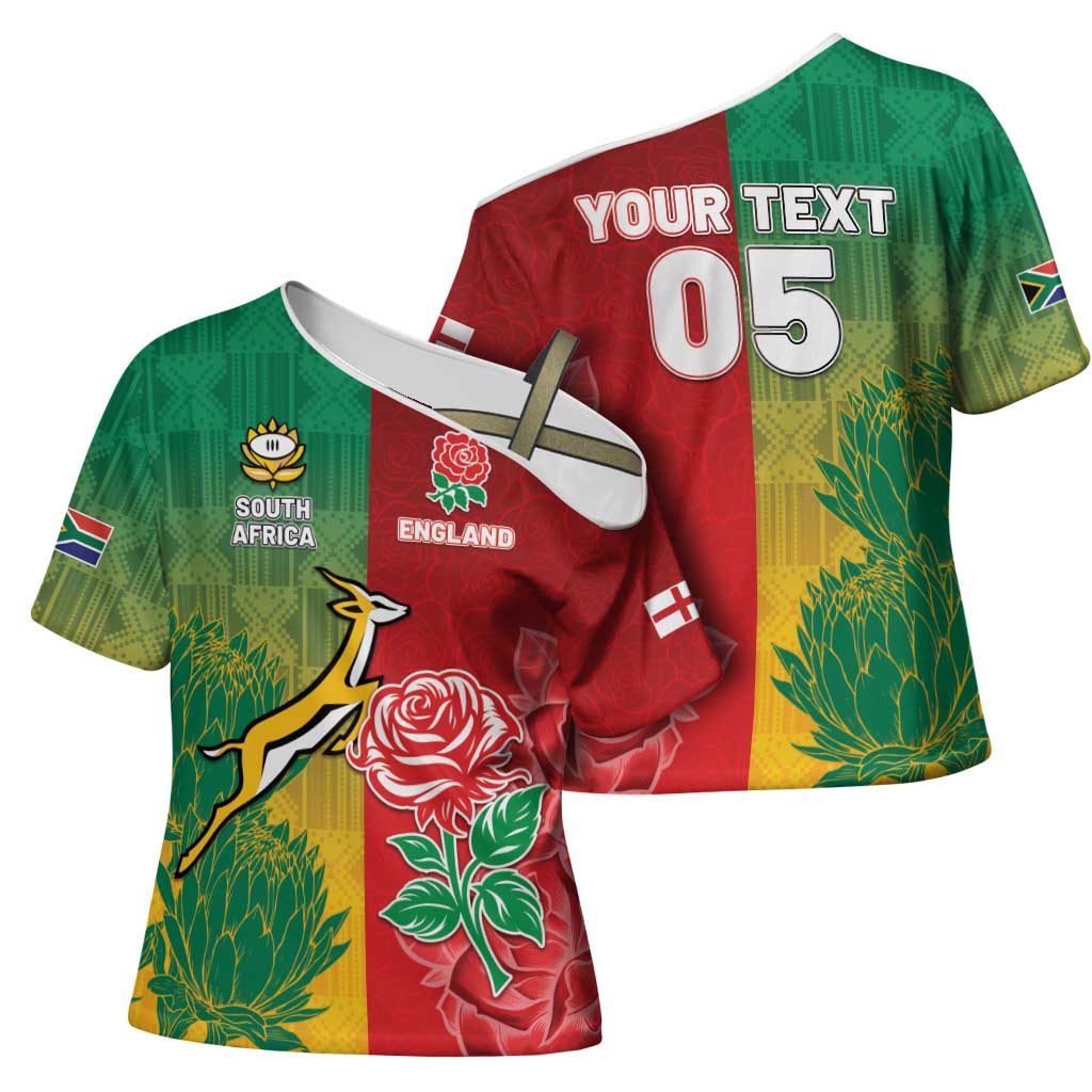 South Africa And England Rugby Custom Cross Shoulder Shirt Springboks And Red Rose Together - African Pride