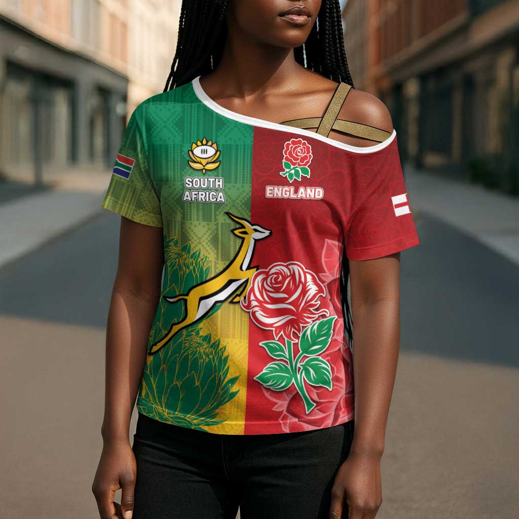 South Africa And England Rugby Custom Cross Shoulder Shirt Springboks And Red Rose Together - African Pride