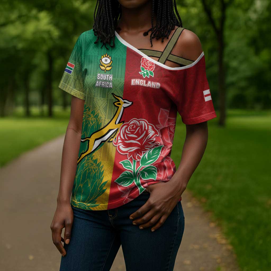 South Africa And England Rugby Custom Cross Shoulder Shirt Springboks And Red Rose Together - African Pride
