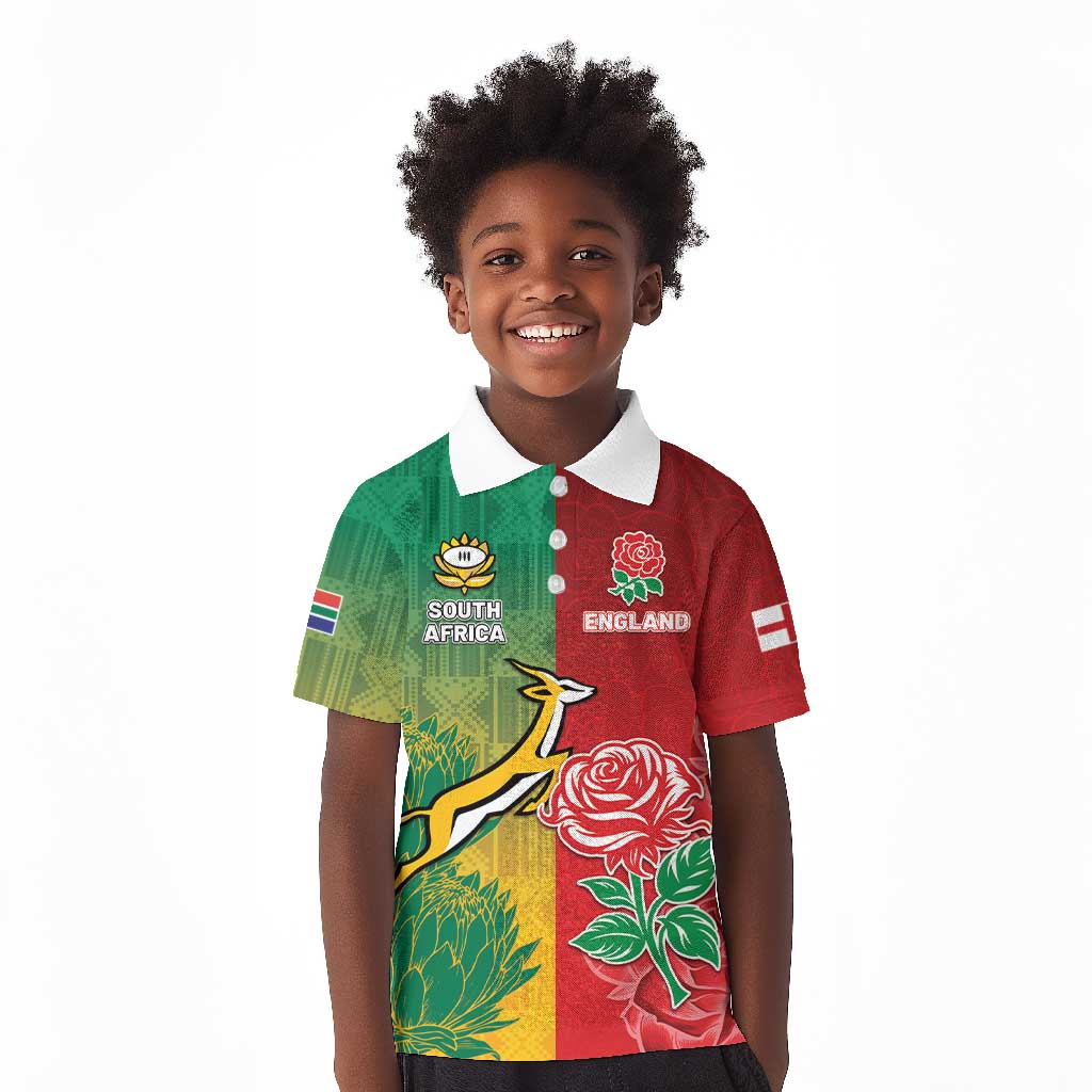 South Africa And England Rugby Custom Kid Polo Shirt Springboks And Red Rose Together - African Pride