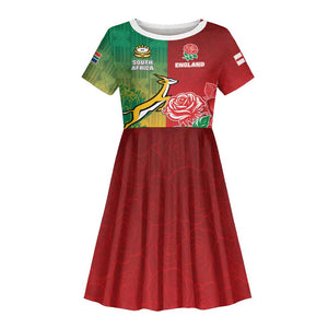 South Africa And England Rugby Custom Kid Short Sleeve Dress Springboks And Red Rose Together - African Pride