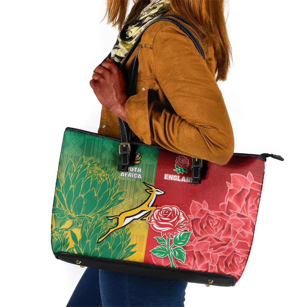 South Africa And England Rugby Leather Tote Bag Springboks And Red Rose Together - African Pride