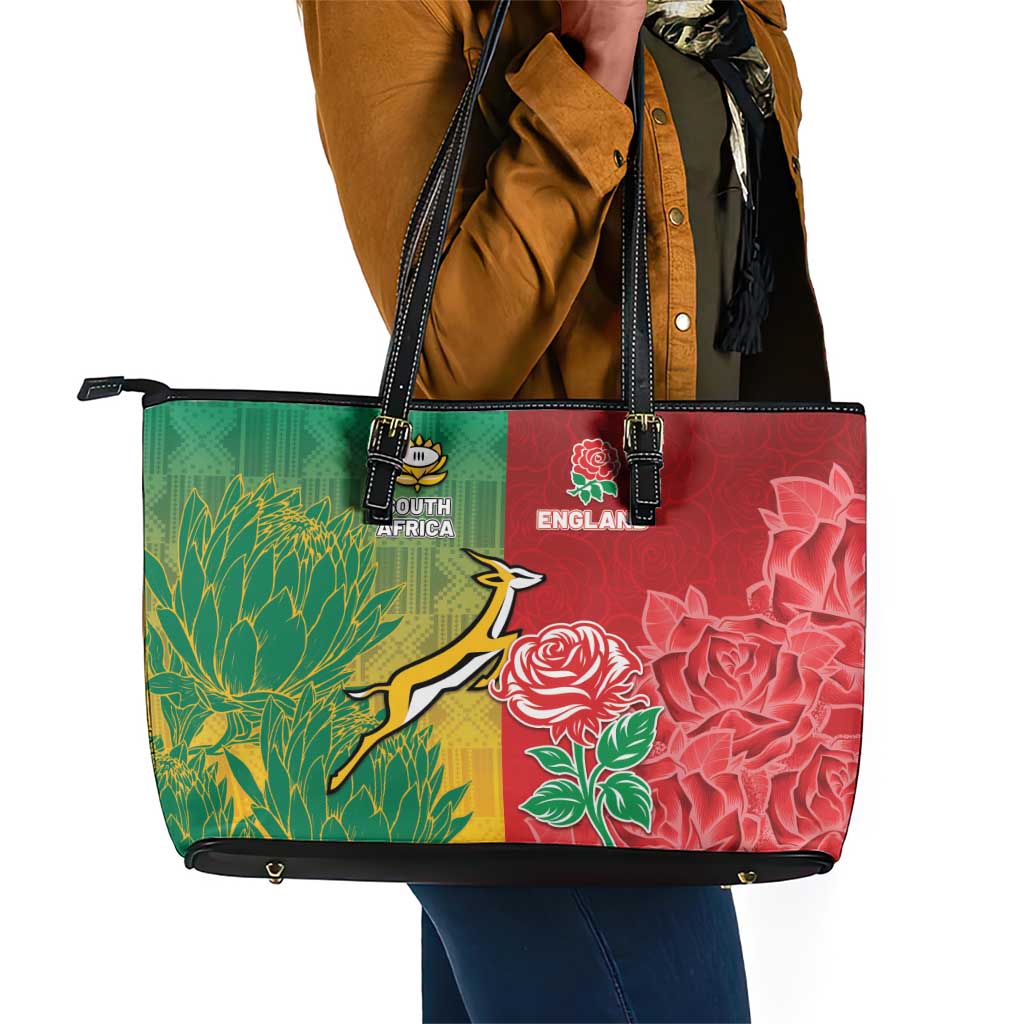 South Africa And England Rugby Leather Tote Bag Springboks And Red Rose Together - African Pride