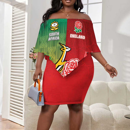 South Africa And England Rugby Custom Off Shoulder Short Dress Springboks And Red Rose Together - African Pride