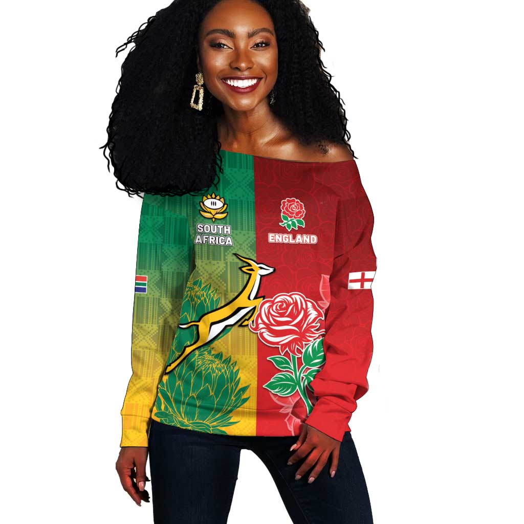 South Africa And England Rugby Custom Off Shoulder Sweater Springboks And Red Rose Together - African Pride