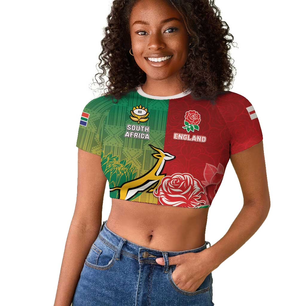South Africa And England Rugby Custom Raglan Cropped T shirt Springboks And Red Rose Together - African Pride
