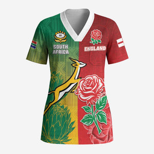 South Africa And England Rugby Custom Scrub Top Springboks And Red Rose Together - African Pride